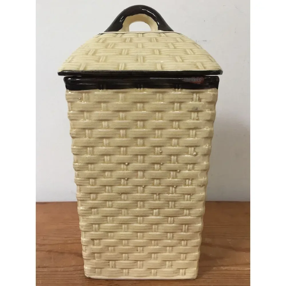 Vtg Hotta Yu Shoten Japanese Basketweave Majolica Blossom Flour Kitchen Canister